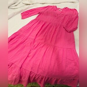 LOFT Pink Tiered Maxi Dress with Puff Sleeves S